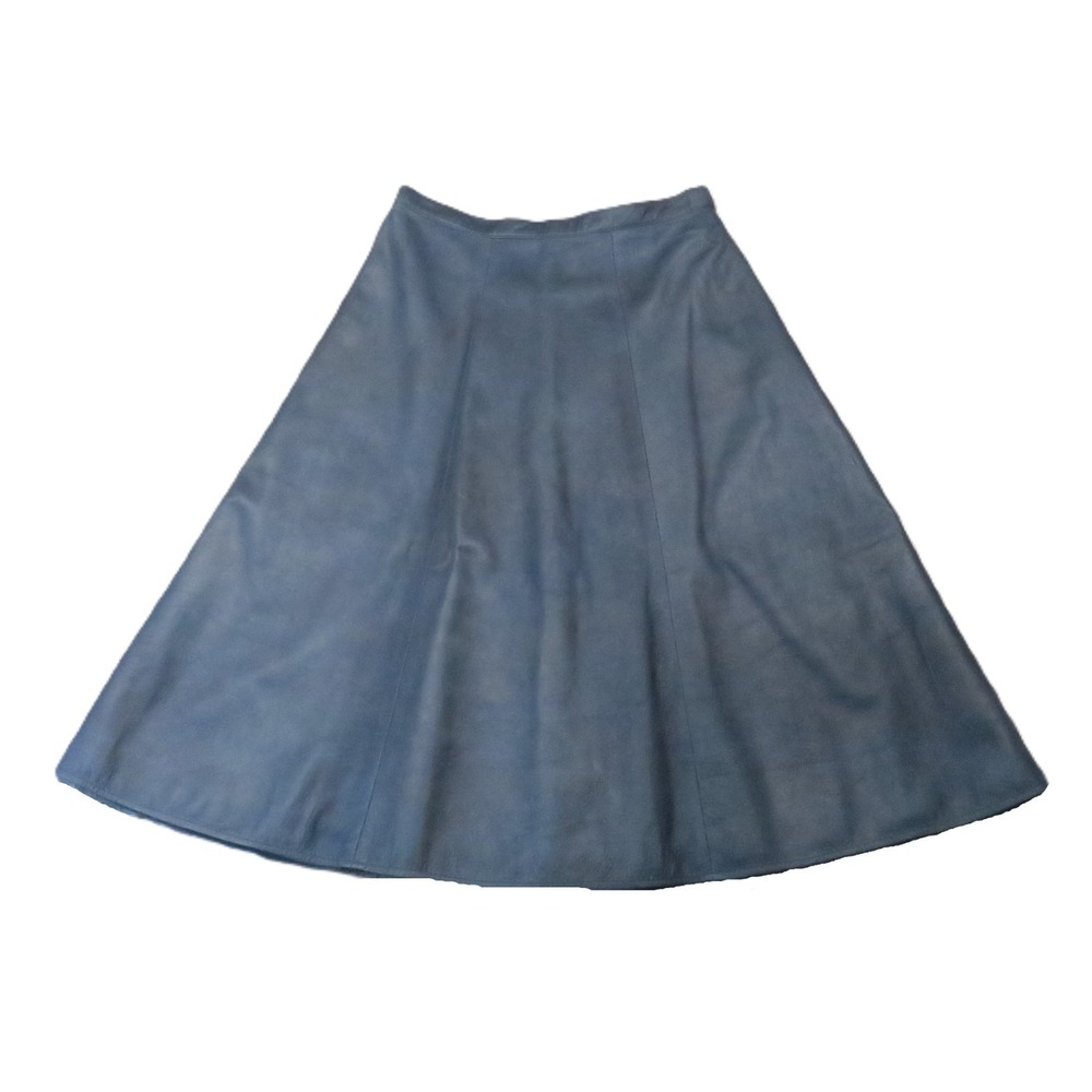Pelle-Lana Leather A-Line Skirt 14 Navy High Waisted‎ Midi Minimalist Luxury Vtg